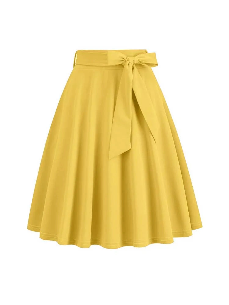 Women Retro Vintage Midi Long Skirt Solid Elegant Faldas High Waist A Line 50s Swing Skirts