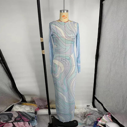 Fashion Mesh Print Long Dress For Women O-neck Sleeveless Hip Package Transparent Slim Robes 2025 Summer Female Beach Dresses