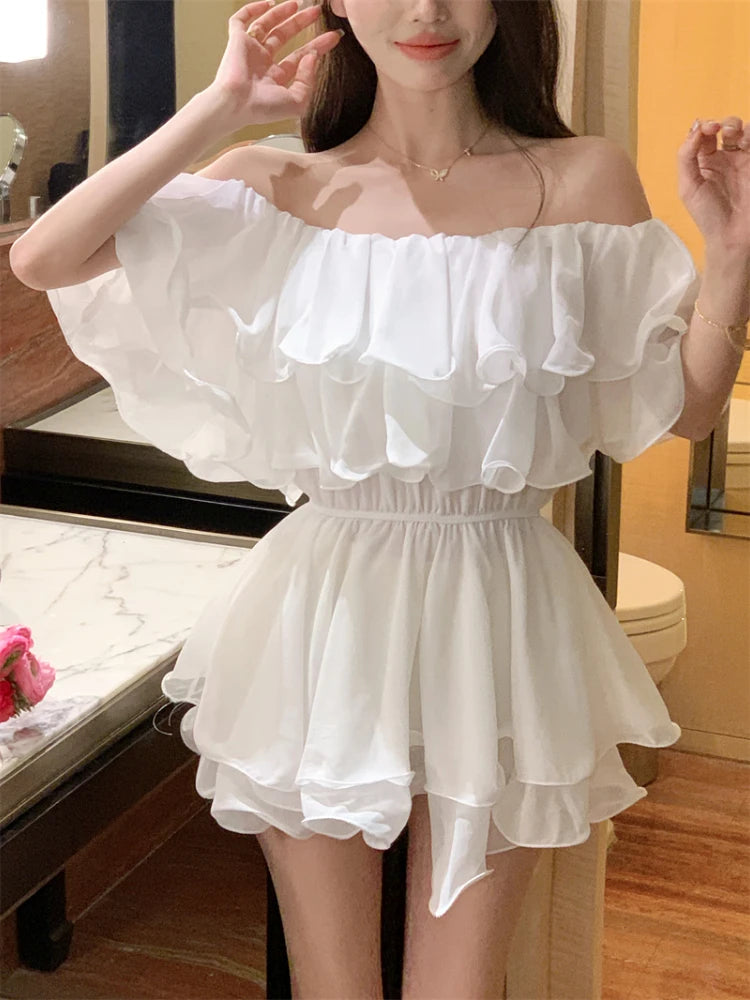 Woman Chiffon Dress Sexy Short Ruffle Dresses for Women Off Shoulder Casual Youth Chic and Elegant Pretty Fashion Summer 2025