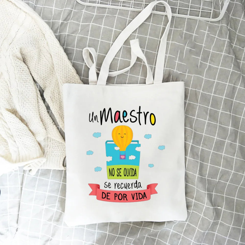 Spanish Printed Women Tote Bag Canvas Shopping Bags Female Travel Shoulder Bag Casual Handbag Graduation Thanks Gift for Teacher