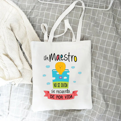 Spanish Printed Women Tote Bag Canvas Shopping Bags Female Travel Shoulder Bag Casual Handbag Graduation Thanks Gift for Teacher