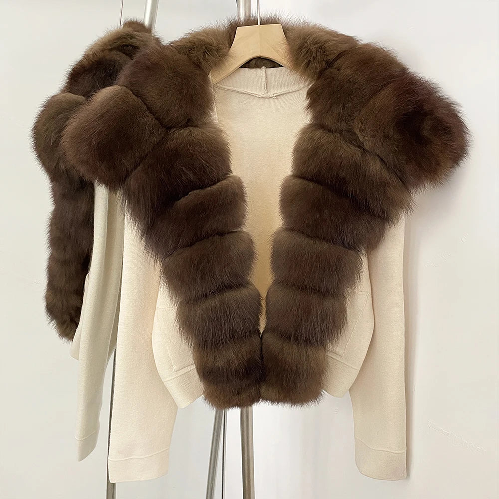 Elegant Knitted Cardigan Women's Sweater Knitting Jacket with Fur and cuffs Knitted Women's Long Sleeve Top Short Sweater