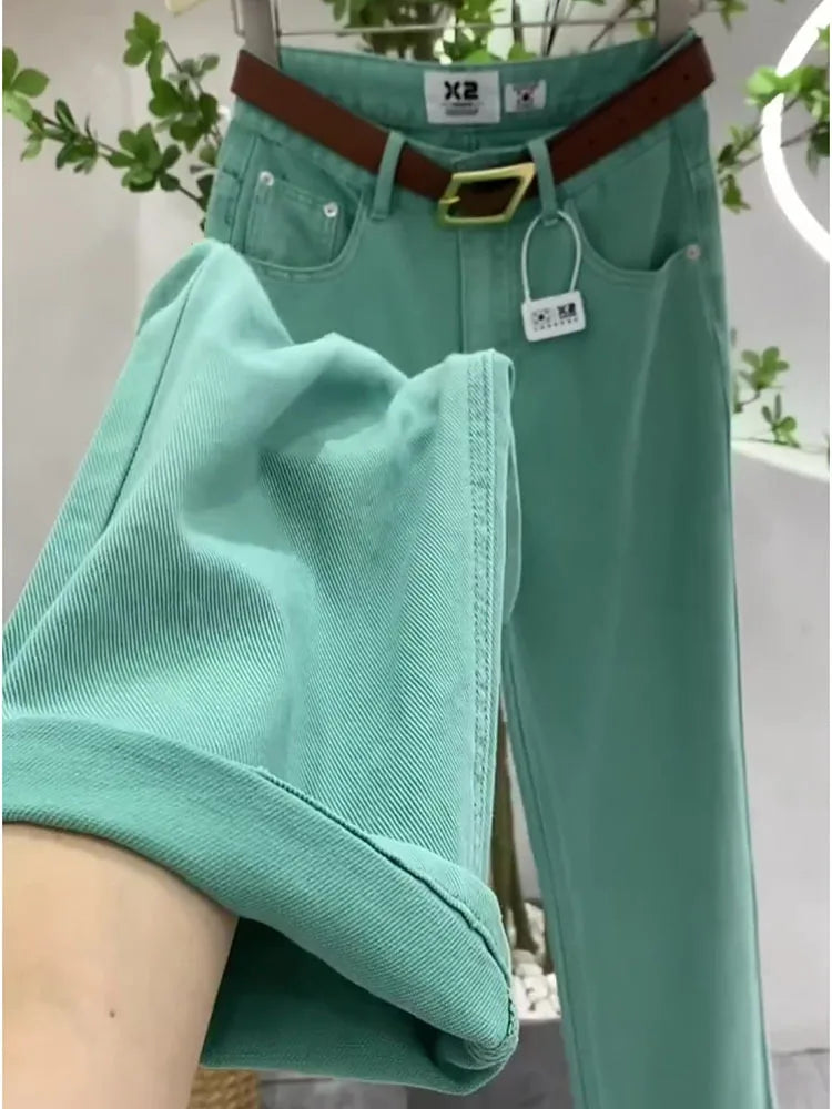 Casual High Waist Women Denim Long Pants Autumn Green Jeans for Women Fashion Loose Wide Leg Pants Female