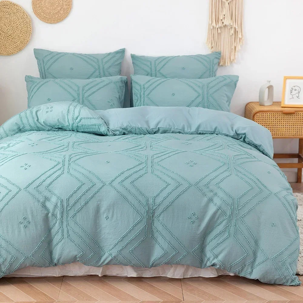 3PCS/set Khaki Tufted Duvet Cover Set Line Comforter Cover Geometric Bed Set Lightweight Down Bedding Set for All Season