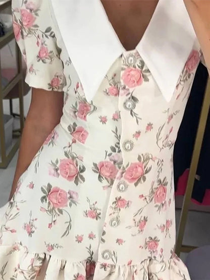 Short Puff Sleeves Print Ruffled Hem Dress Women V-Neck  Pearl Buttons High Waist A-line Mini Dress Female Holiday Slim Robe