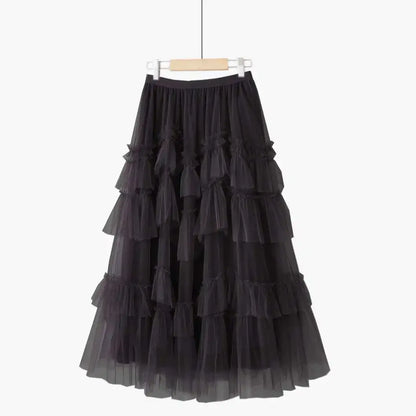 XFPV 2025 Autumn Summer Fashion Elegant Purple Cake Skirt Women Ruffles All-Match Mesh Stitching High Waist Midi Faldas SM1982