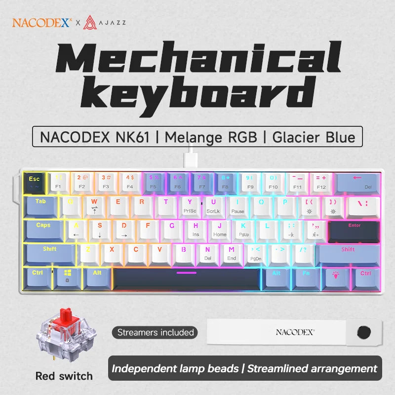 Ajazz NK61 Mechanical Wired Gaming Keyboard RGB Lighting Effects Supports Hot-Swappable 61 Keys Mechanical Gaming Keyboard