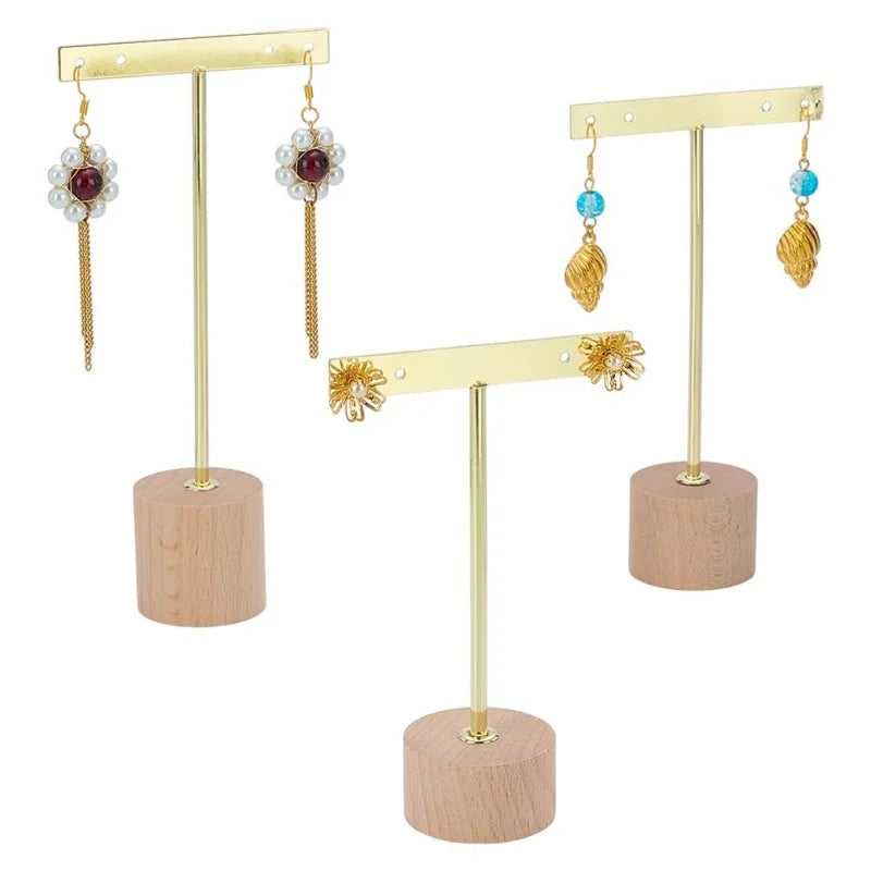 Metal T Bar Earring Display Stand Jewelry Stand with Wooden Round Base Earring Hanging Holders Jewelry Organizer