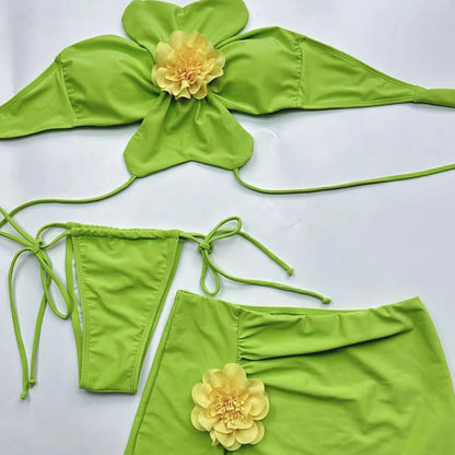 Neck Bikini with Skirt 3D Flowers Halter Bikini Female Swimsuit Women Swimwear 3 Piece Bikini Set Bather Bathing Suit Swim