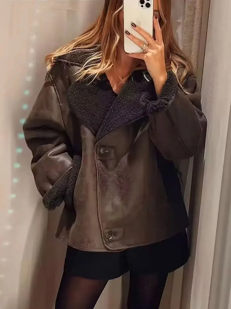 HH Winter Vintage Leather Fur Thick Warm Jackets For Women Long Sleeves Single Breasted Lapel Pockets Street Fashion Coats