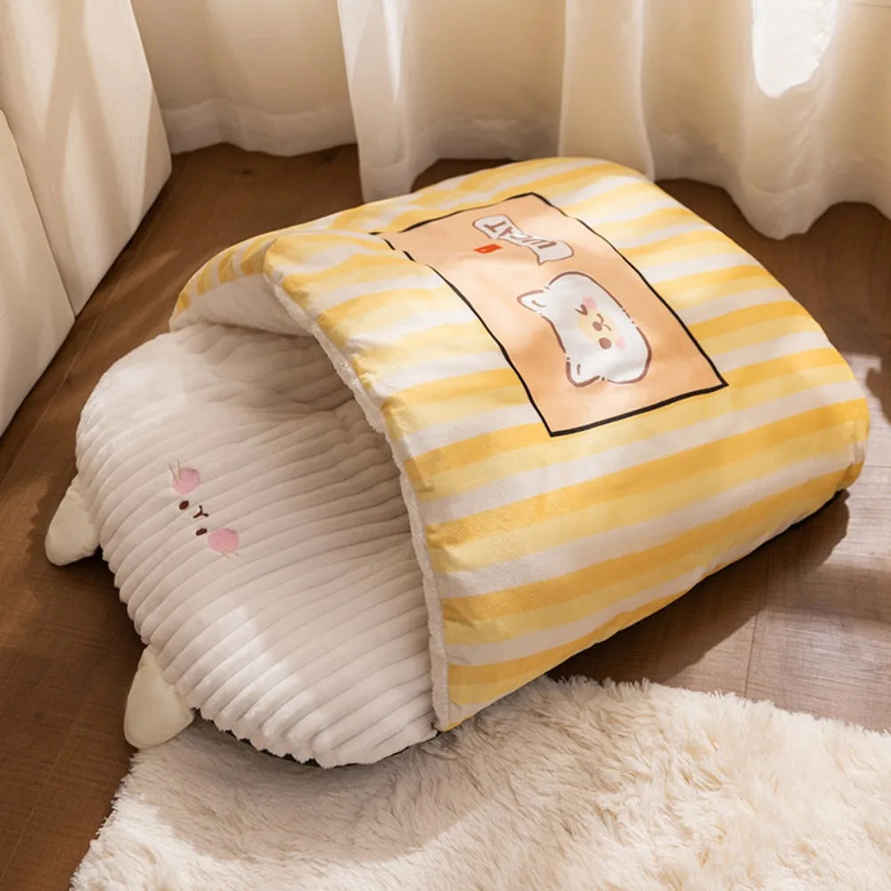 Pet Bed Cartoon 3D Cat Sleeping Bag Semi-enclosed Comfortable Tunnel Cat Nest Soft Warm Cat Mattresses Winter