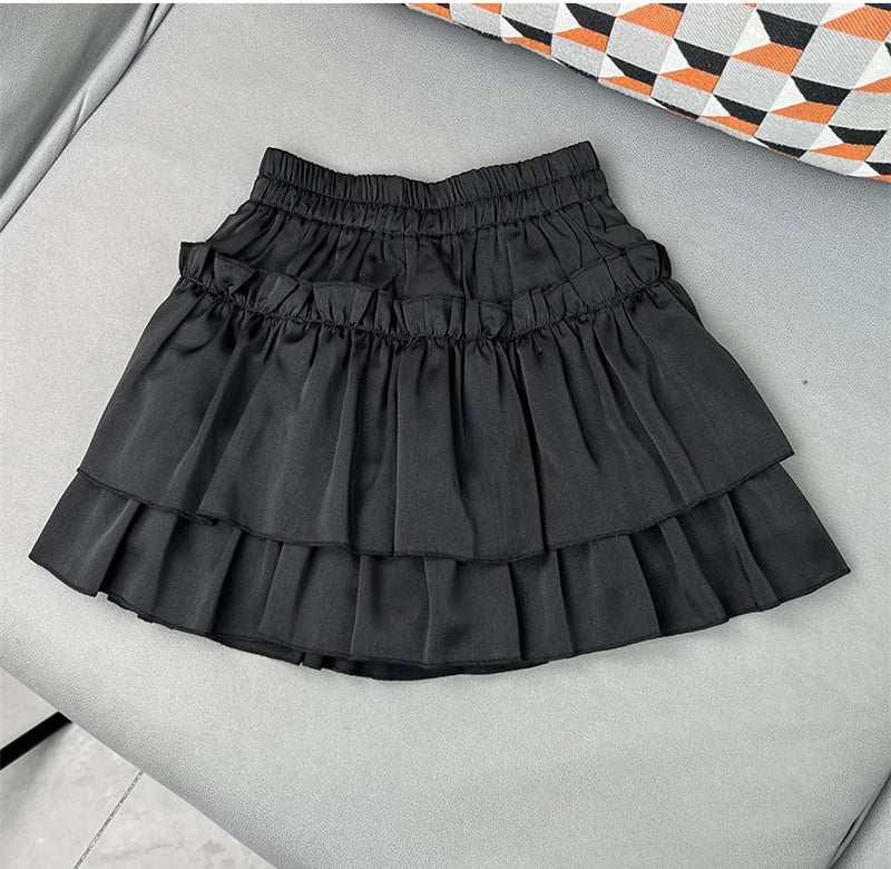 Summer Kawaii Elastic High Waist Black White Ruflles Skirt Women Fashion Slim Fit Chiffon Mini Skirts Giris Y2k All Match Faldas