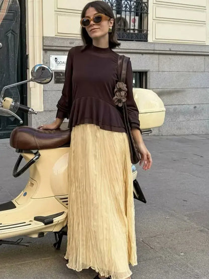HH Women Elegant Yellow Pleated Long Skirts Elastic Waist Loose Casual High Waist Skirt Female A-Line Solid Tulle Skirt