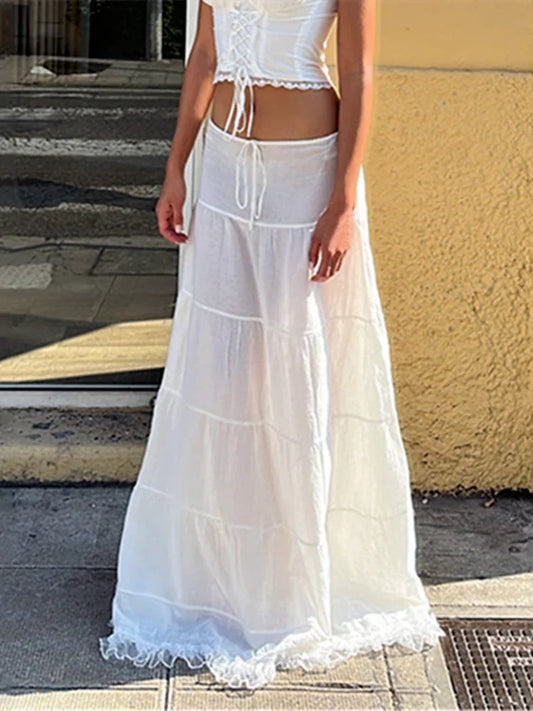 Women Long Skirts Tie-Up High Waist Layered Lace Hem Pleated Skirts Summer Fall Retro Fashion Casual Skirts