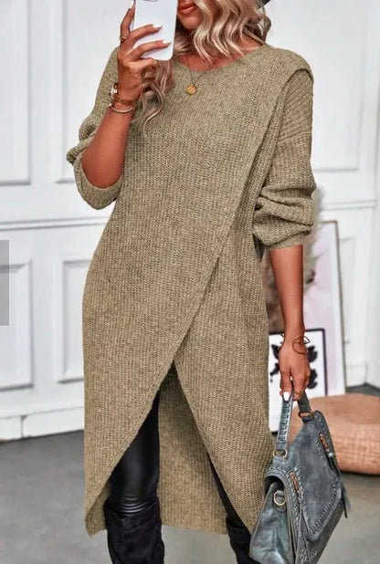 Women's Autumn Knitted Long Dress Solid Color Round Neck Pullover Long Sleeve Slim Temperament Commuting Irregular Dress Jacket