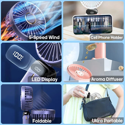 Portable mini fan that can be folded and hung around the neck, 5-speed USB charging fan, supporting phone and display screen,