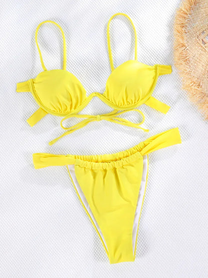 Miyouj Bandage Swimsuit 2024 Sexy Swimwear Women Solid Color Bikini Sets String Swimsuits Brazilian Beachwear Push Up Biquinis