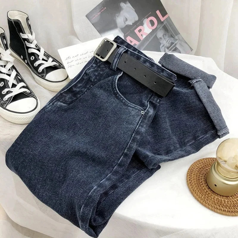 High Waist Harlan Denim Jeans Women Students Straight Leg Loose Slimming Spring Autumn New Style Old Dad Cucumber Trendy