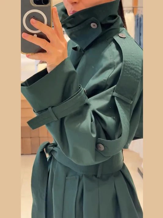 Chic Women's Long Trench Coat Stylish Stand Collar Belted Loose Windbreaker Outerwear Autumn New Dark Green Maxi Overcoat Outfit