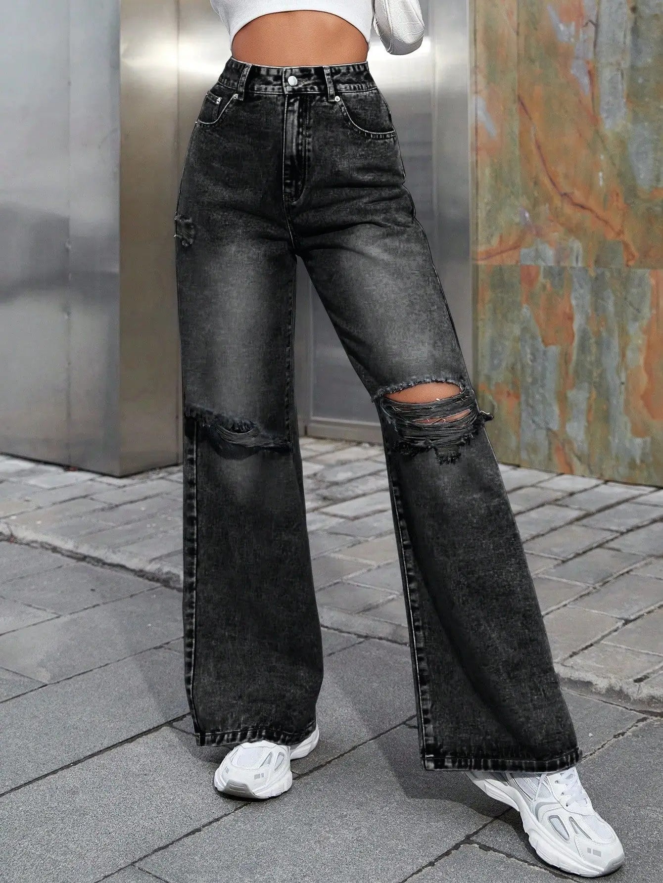 Denim Jeans Women Pant Wide Leg Long Pants Casual Loose High Waist Button Y2k Streetwear Hole Temperament Work Straight Trousers
