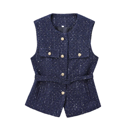 TRAF Women Sequin Tweed Vest New Fashion With Belt Vests for Women 2025 Autumn Sleeveless Coat Streetwear Chic Waistcoat Tops