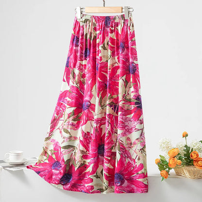 New 2024 Elegant Women Tulle Skirt Korean Fashion Boho Floral A Line Ladies Pleated Skirt Summer Chic High Waist Party Vestidos