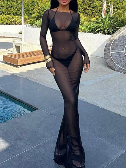 Women's Sheer Mesh Dress Solid Color Boat Neck Long Sleeve Bodycon Long Dress See Through Sexy Beach Club Cover-ups Dresses