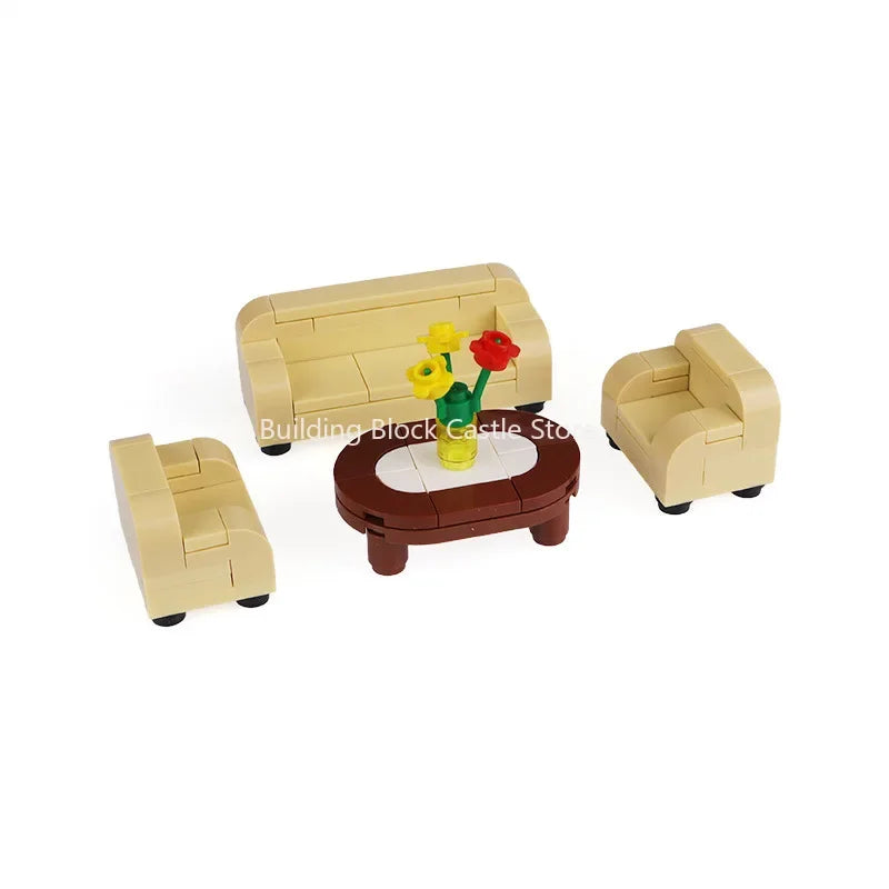 MOC Modern Home Sofa, TV Cabinet, Furniture, Refrigerator Small Particle Building Block Scene Construction Toy Model
