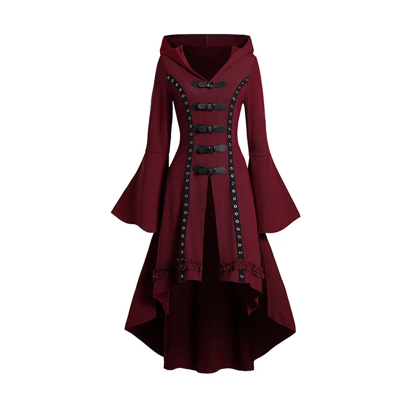Dressfo Women's Grommet Gothic Hooded Top High Low Hem Buckle Flare Sleeve Frilled Top Long Sleeves Hooded Halloween Tops