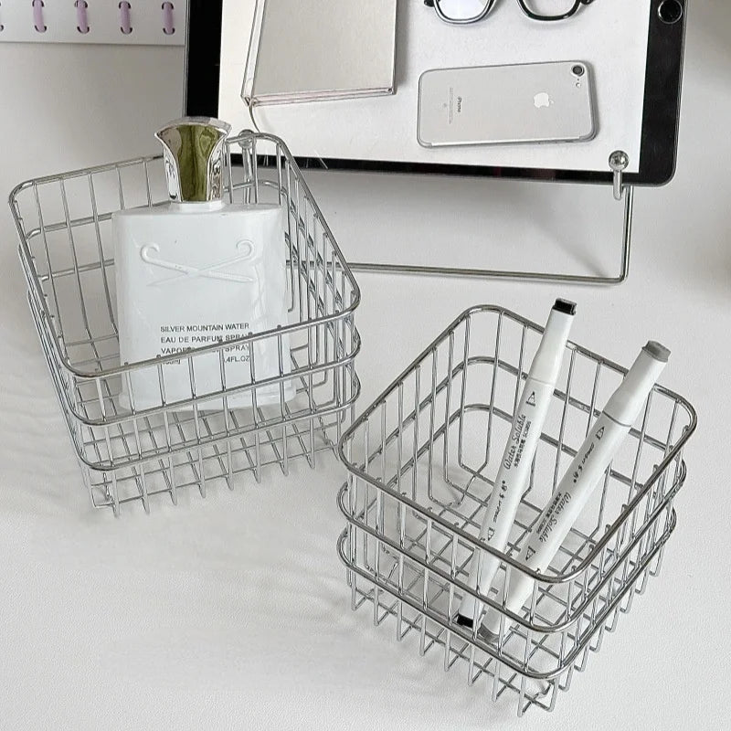 Iron Storage Basket Square Metal Bin Organizer For Bathroom Vanity Cosmetics Skincare Masks Lipsticks Countertop Holder