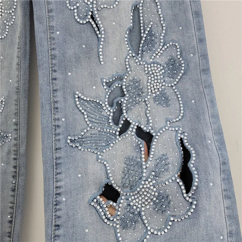 DEAT Women's Jeans High Waist Embroidery Flowers Burrs Edge Straight Wide Leg Denim Pants 2026 New Fashion Summer 29L9973