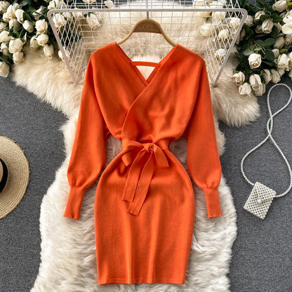 YuooMuoo Women Dress 2025 Autumn Winter Elegant Sash Bandage Bodycon Mini Dress Chic Fashion Y2K Knitted Ladies Dresses Party