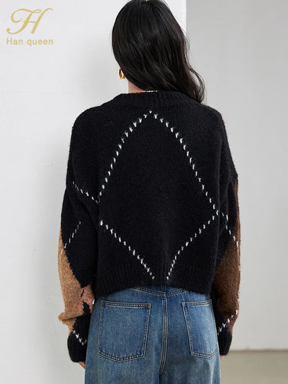 H Han Queen Winter Warm Thickened Lazy Diamond Plaid Loose Elastic Knit O-Neck Knitted Bottoming Women's Pullover Sweaters