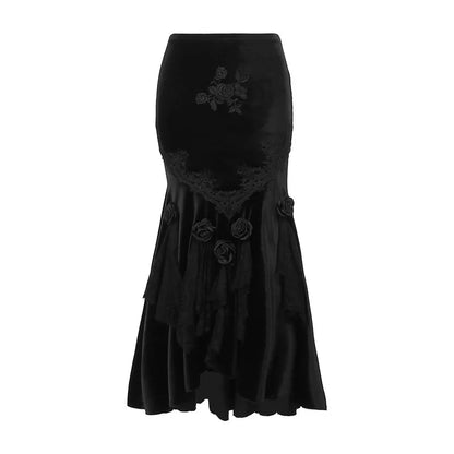 Mall Goth Velvet Fishtail Skirt Women Vintage Jacquard Hip Wrap Fairy Grunge Skirt Victorian Ladies Steampunk Long Skirt