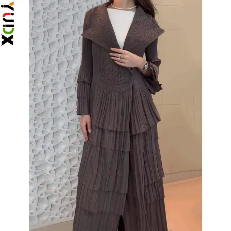 YUDX Miyake Pleated Spliced Ruffles Trench Coat Women Lapel Full Flare Sleeve Single Button Solid Color New 2025 Outwear Tops