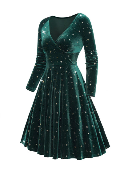 European and American fashion women's dress decorated with star print wrapped in elastic shoulder velvet long sleeve dress