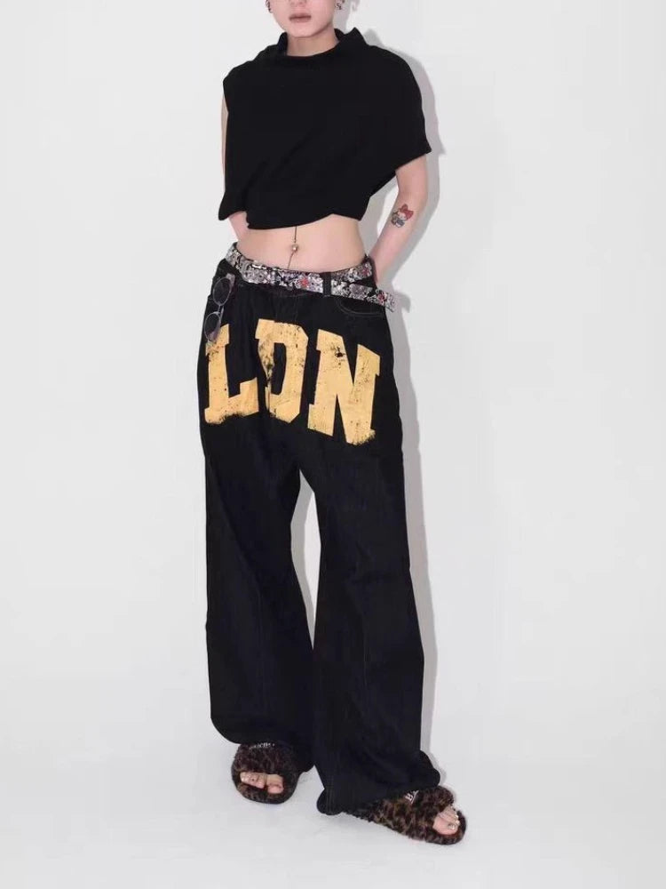 HOUZHOU Vintage Letter Print Jeans Women Black Gothic Y2k Baggy Denim Trousers Retro Hip Hop Grunge Wide Leg Pants Streetwear
