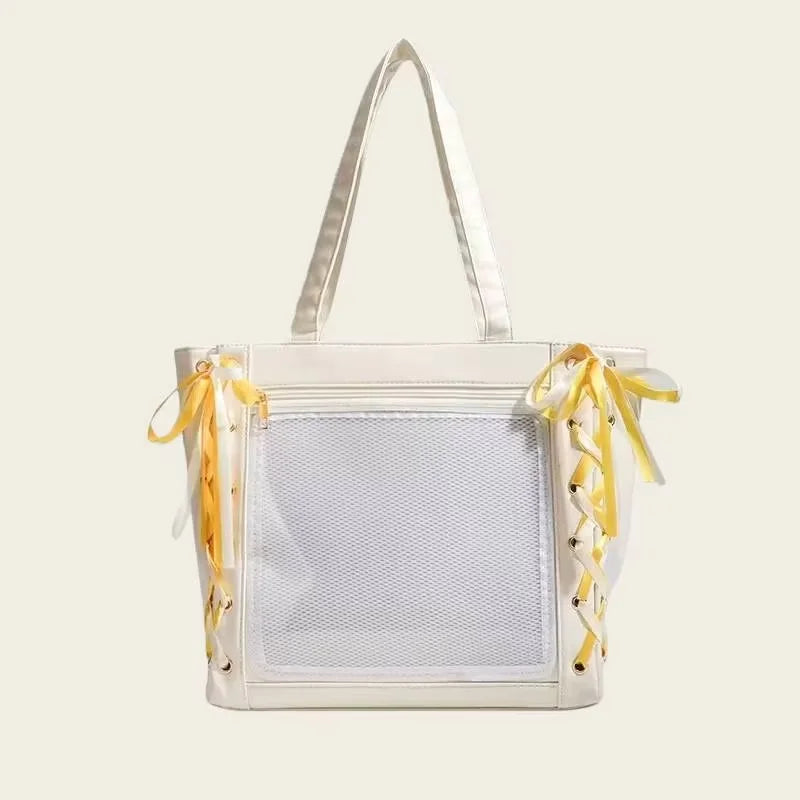 Japanese Sweet Women Ribbon Ita Bag Cute Lolita Girl Transparent Handbags Fashion Large Capacity Tote Bag Aesthetic Shoulder Bag