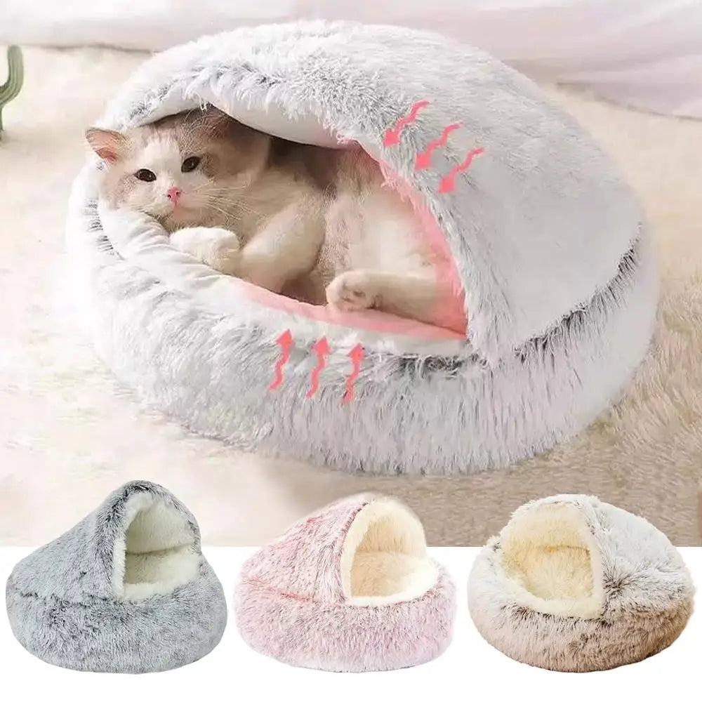 2 in 1 Soft Plush Pet Bed with Cover Round Cat Bed Pet Mattress Warm Cat Dog Sleeping Nest Cave for Small Dogs