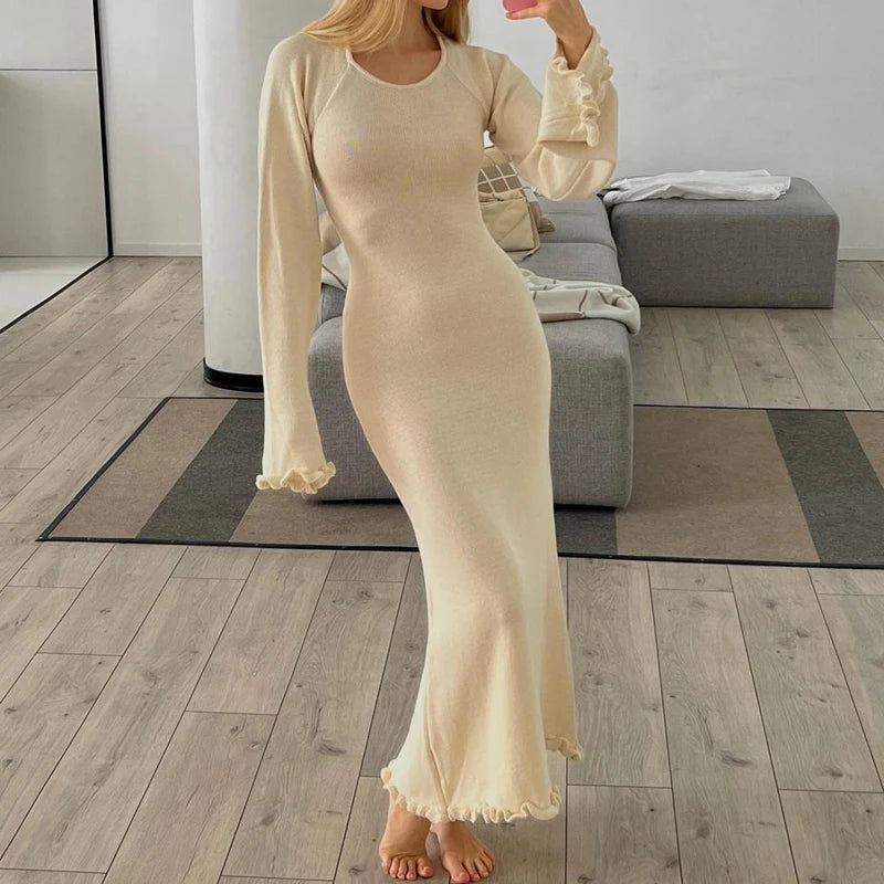 Maemukilabe Y2K Knitted Maxi Dress Vintage Edible Tree Fungus Trim Bodycon Women Autumn Backless Tie Up Long Dress Streetwear