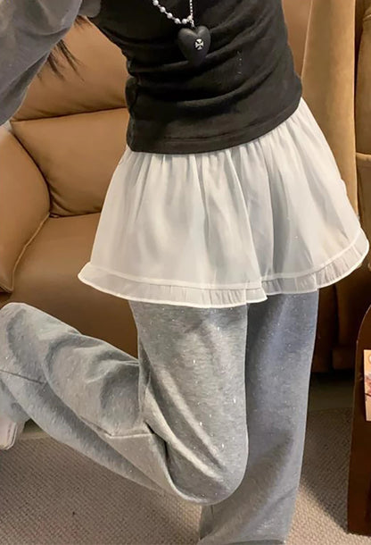 Women High Waist A-Line Flounce Short Skirt Butt Curtain Y2K Streetwear Layered Half Skirt Lace Trim Bottom Cover Skirt Fake Hem