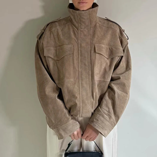 Women's Khaki Leather Jacket zartins Long Sleeve Outwear Streetwear Fashion Coat with Pocket 2026 Style Jackets Solid Woman Coat
