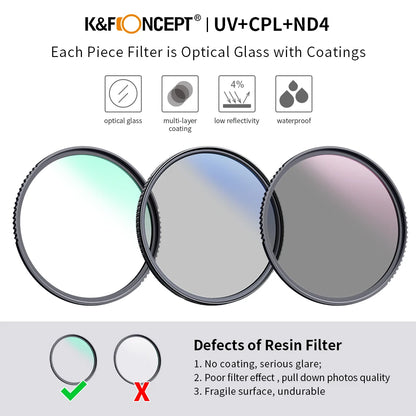 K&F CONCEPT Filter Kit Netural Density ND4 MC UV CPL filter Camera Lens Bundle 1 Cleaning Cloth and Filter Pouch 58mm 62mm 67mm