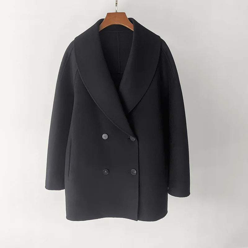 Naizaiga 90% WOOL 10% CASHMERE  Loose double-breasted tweed coat fall  winter classic wool blend black Women coat jacket  MPH1