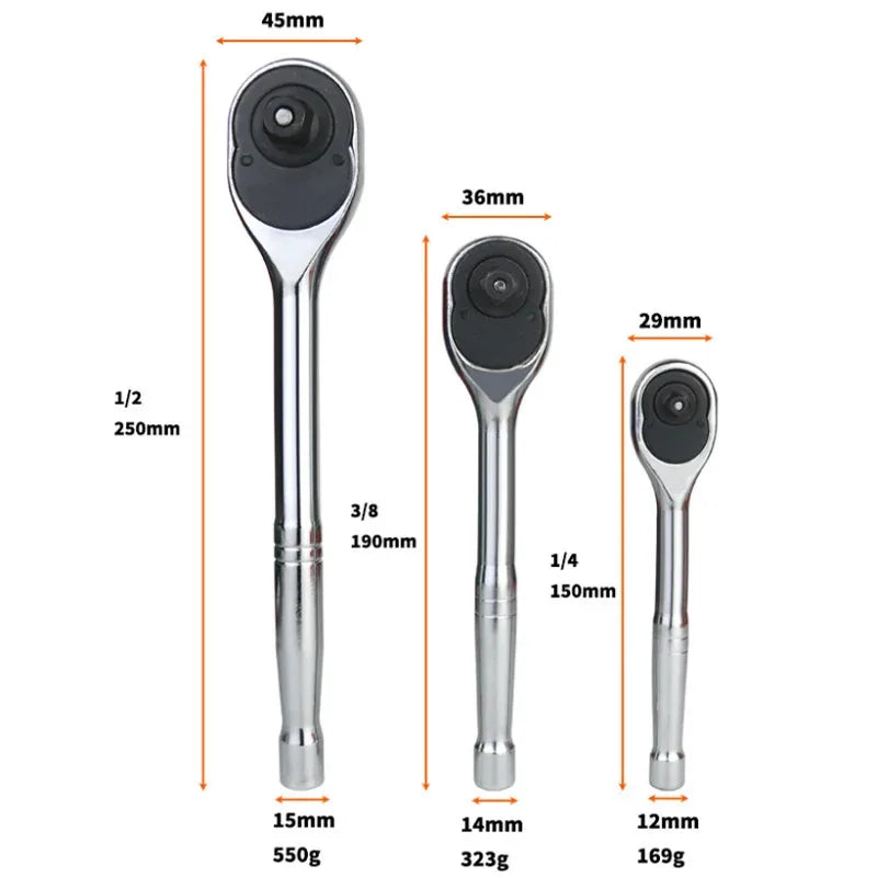 Ratchet Wrench, 1/4'' 3/8'' 1/2'' Drive 24-Tooth Reversible Socket Ratchet With Quick Release, Chrome Alloy , Fully Polished