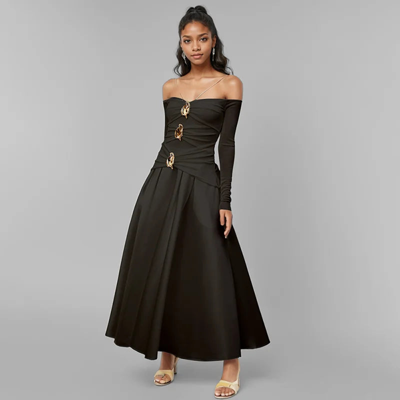 WTHT New Fashion Women Metal Buckle Design Sling Long Sleeves Dress 2025 Spring Off-shoulder A-line Party Dresses Female 1LS953