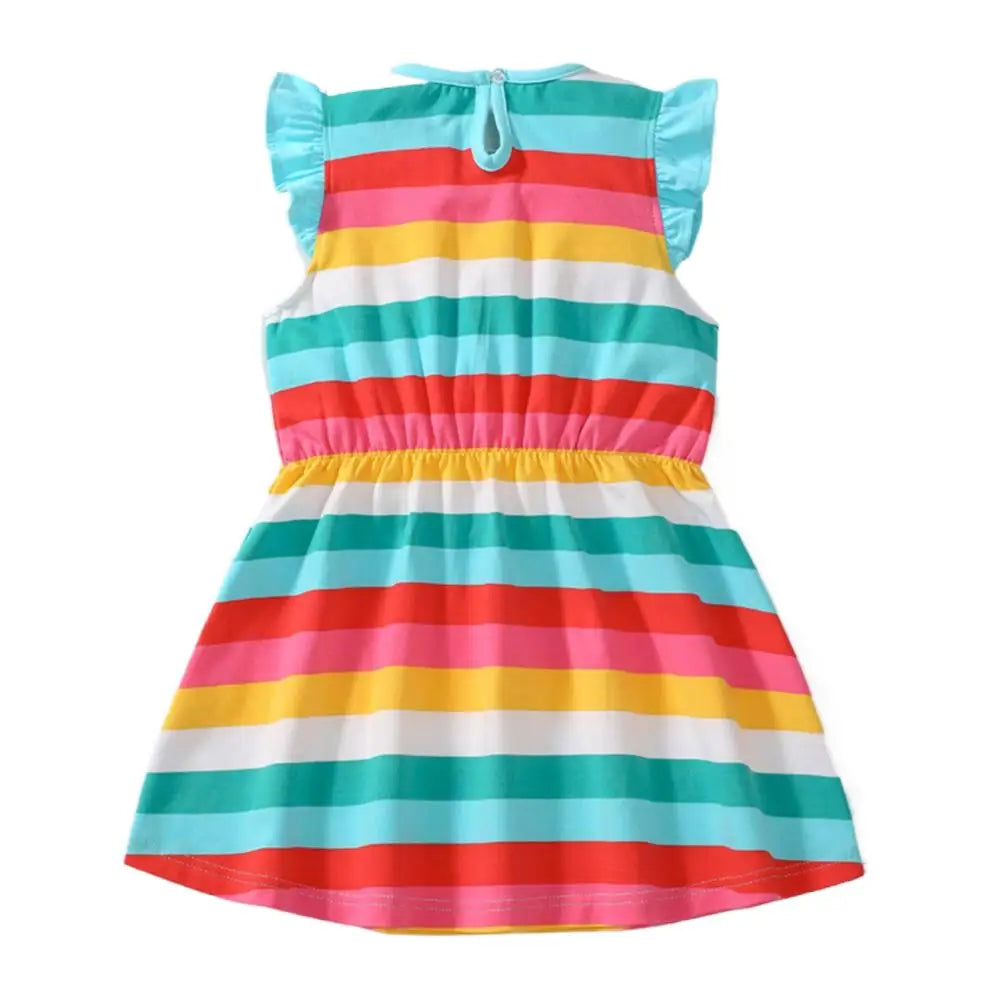 Kids Clothes 2025 New Summer Children's Clothing Cartoon Rainbow Striped Dresses Cotton Casual Vestidos  Gifts