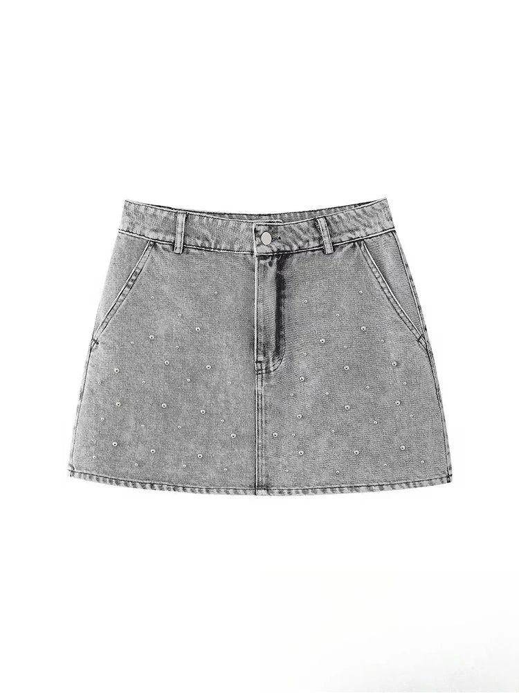 KONDALA Vintage Casual Chic Women Skirt Solid Slim Faux Pearls Denim Short Skirt New Fashion 2024 Summer Streetwear Mini Skirt