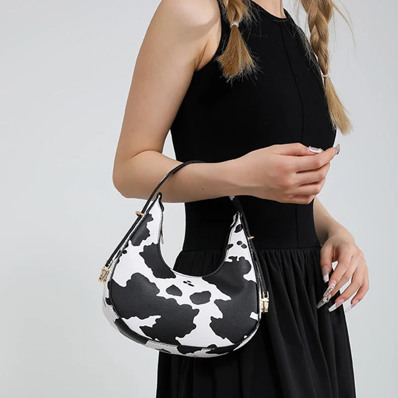 Crescent-shaped Underarm Bag for Women Brown Black Leopard Handbag Clutch Bag Female Vintage PU Leather Crossbody Bags Versatile