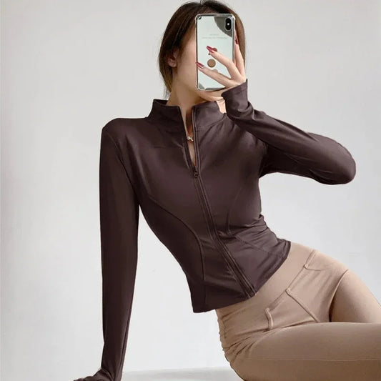 S-3XL Women's Fitness Jackets Yoga Coat with Zipper Slim Running Wear Stretch Gym Crop Top Lightweight Sports Outerwear Hoodless